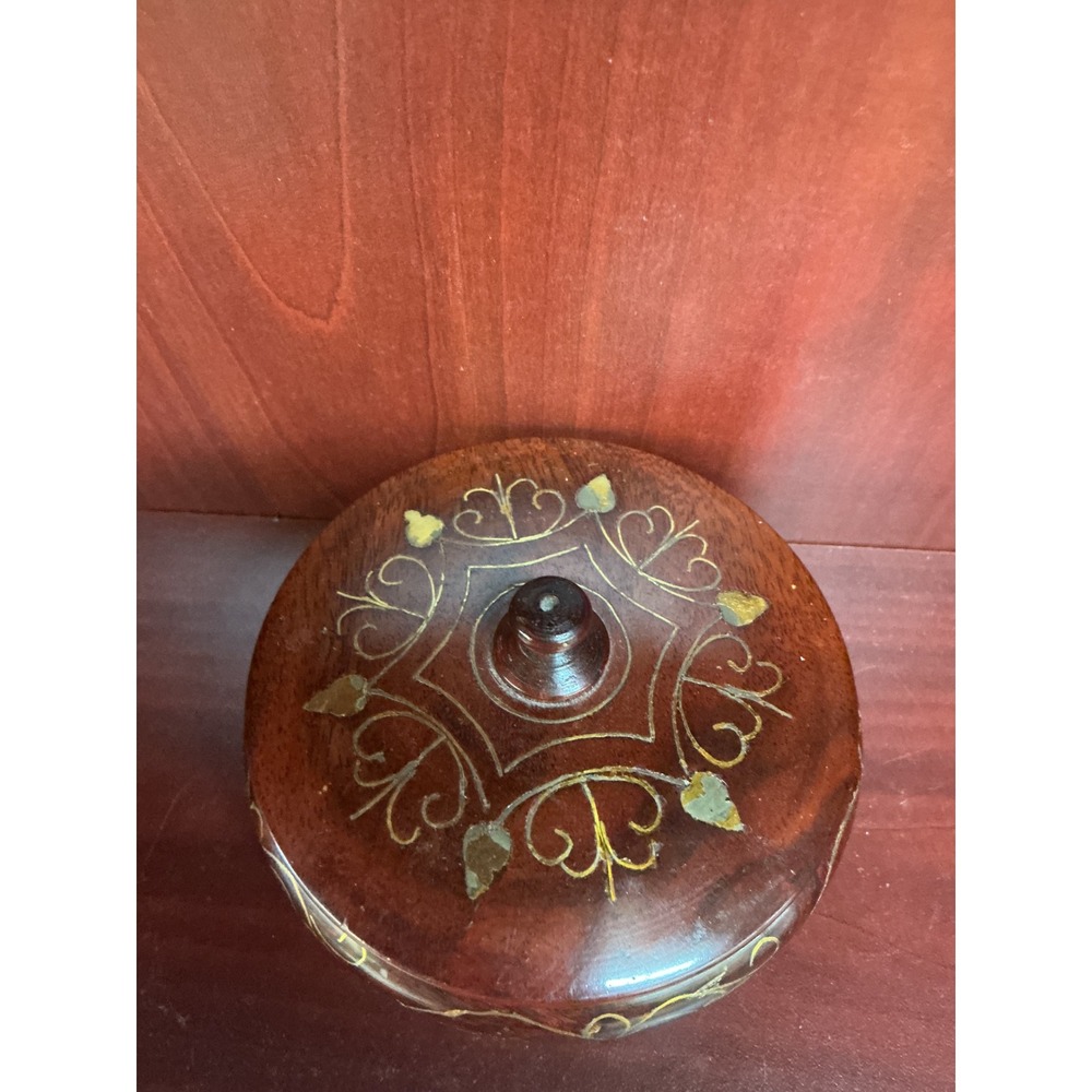 Handmade Round Wooden Trinket Box Brass Inlay Leaf Design Small Jewelry Case 4in